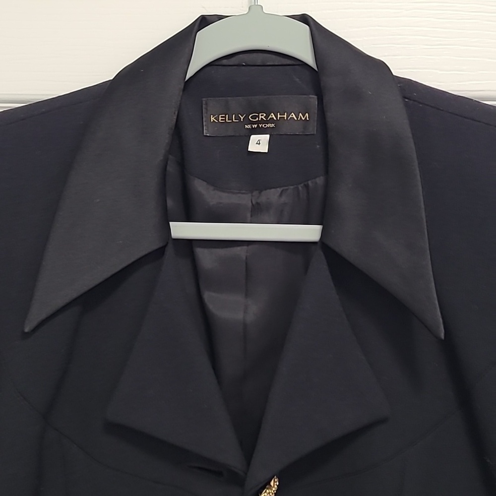 Kelly Graham New York Satin‎ Black Tuxedo Blazer Size 4 Gold Heart Bling Buttons - Picture 10 of 17